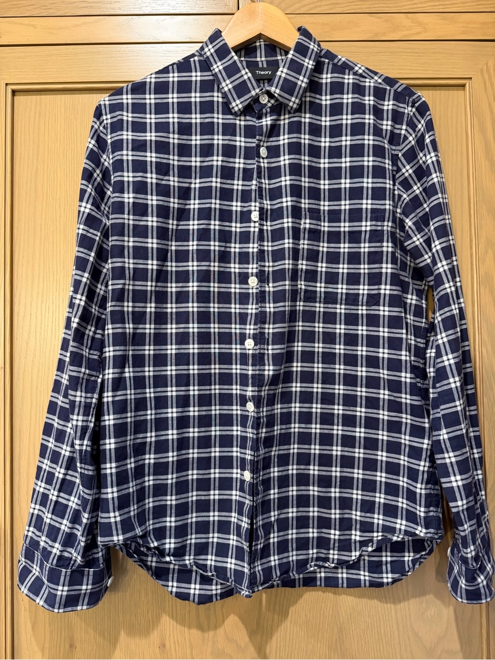 Theory Men's Navy and White Plaid Button-Down Shirt Cotton / small